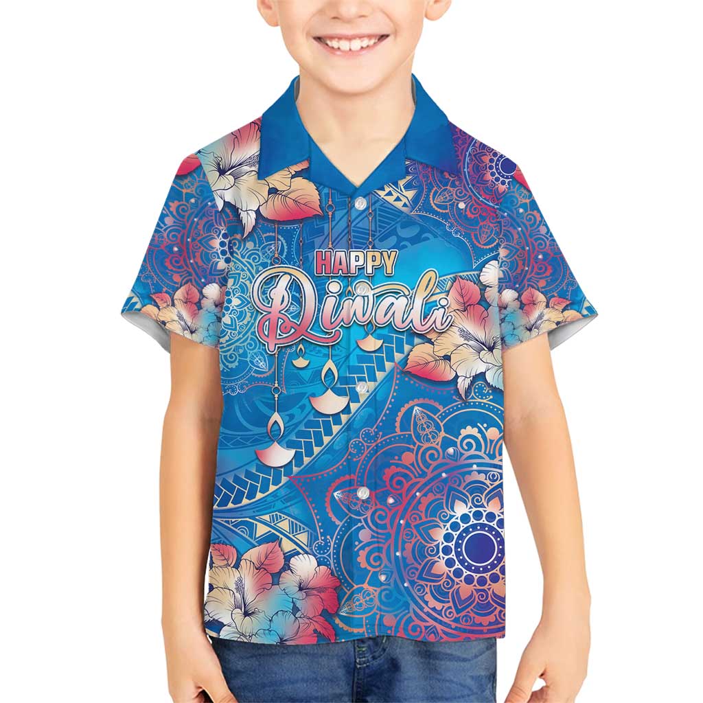 Happy Diwali Festival Family Matching Summer Maxi Dress and Hawaiian Shirt Diya Lamp Rangoli With Polynesian Pattern LT05 Son's Shirt Blue - Polynesian Pride