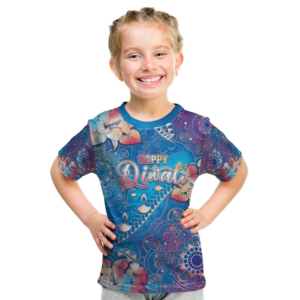 Happy Diwali Festival Kid T Shirt Diya Lamp Rangoli With Polynesian Pattern
