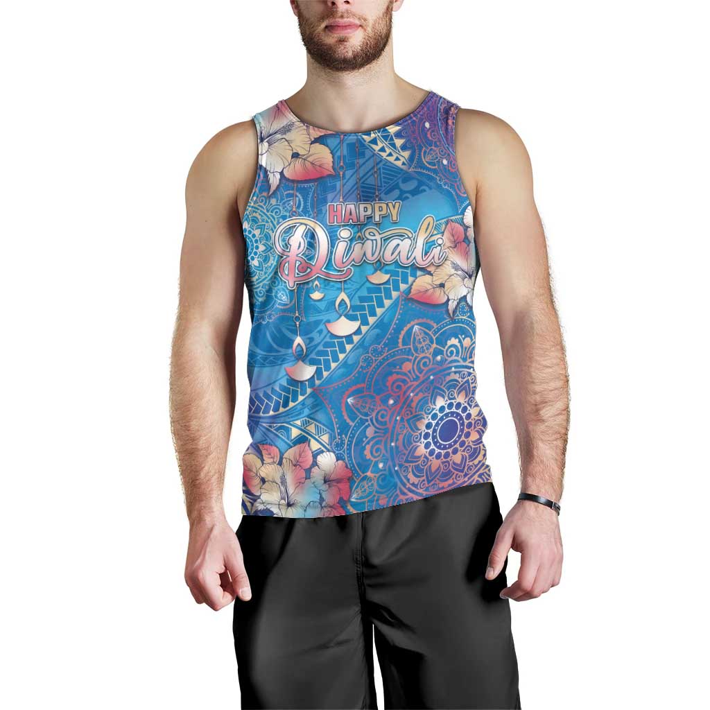 Happy Diwali Festival Men Tank Top Diya Lamp Rangoli With Polynesian Pattern