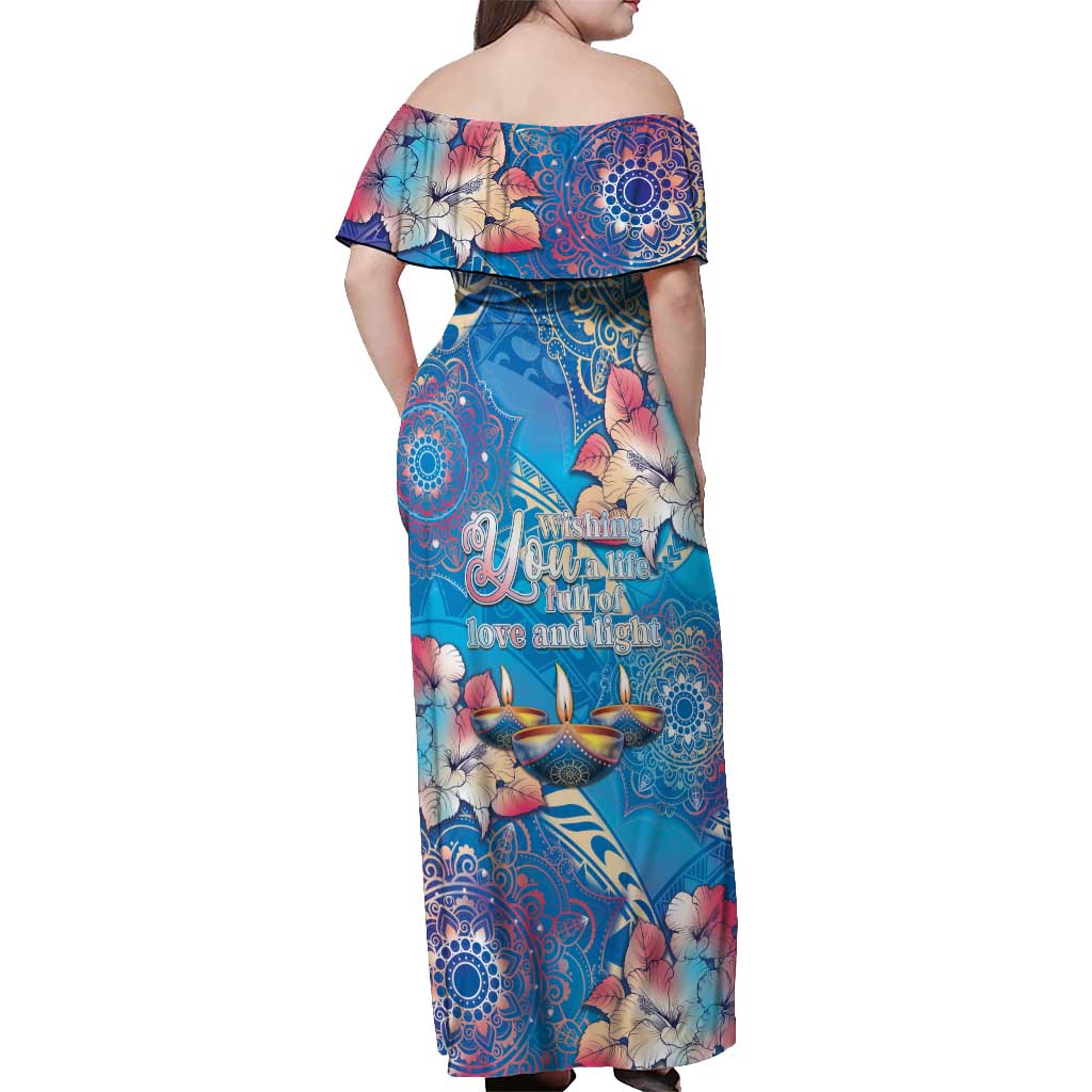 Happy Diwali Festival Off Shoulder Maxi Dress Diya Lamp Rangoli With Polynesian Pattern
