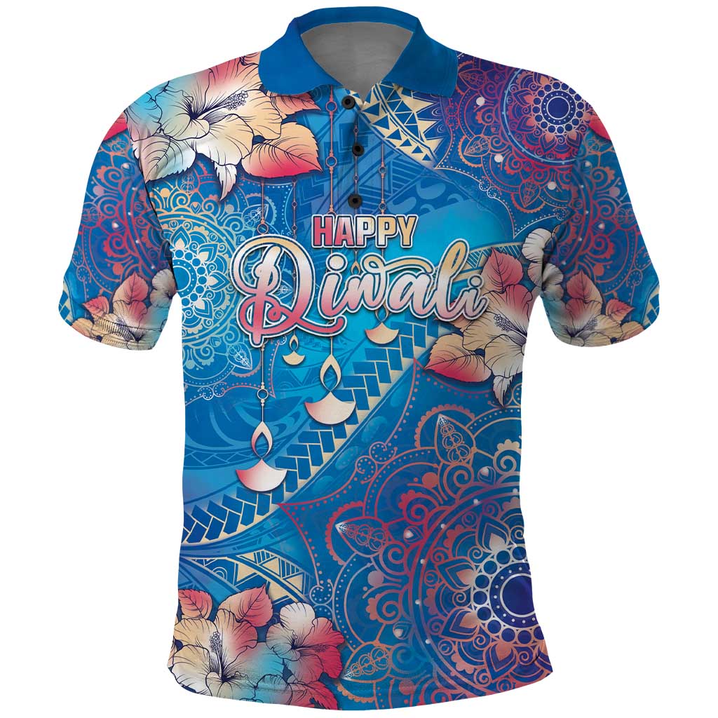 Happy Diwali Festival Polo Shirt Diya Lamp Rangoli With Polynesian Pattern