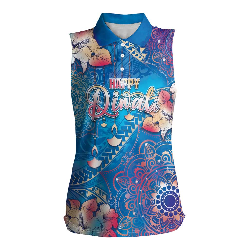 Happy Diwali Festival Women Sleeveless Polo Shirt Diya Lamp Rangoli With Polynesian Pattern