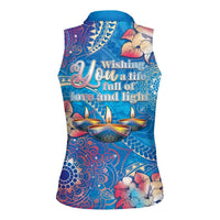 Happy Diwali Festival Women Sleeveless Polo Shirt Diya Lamp Rangoli With Polynesian Pattern