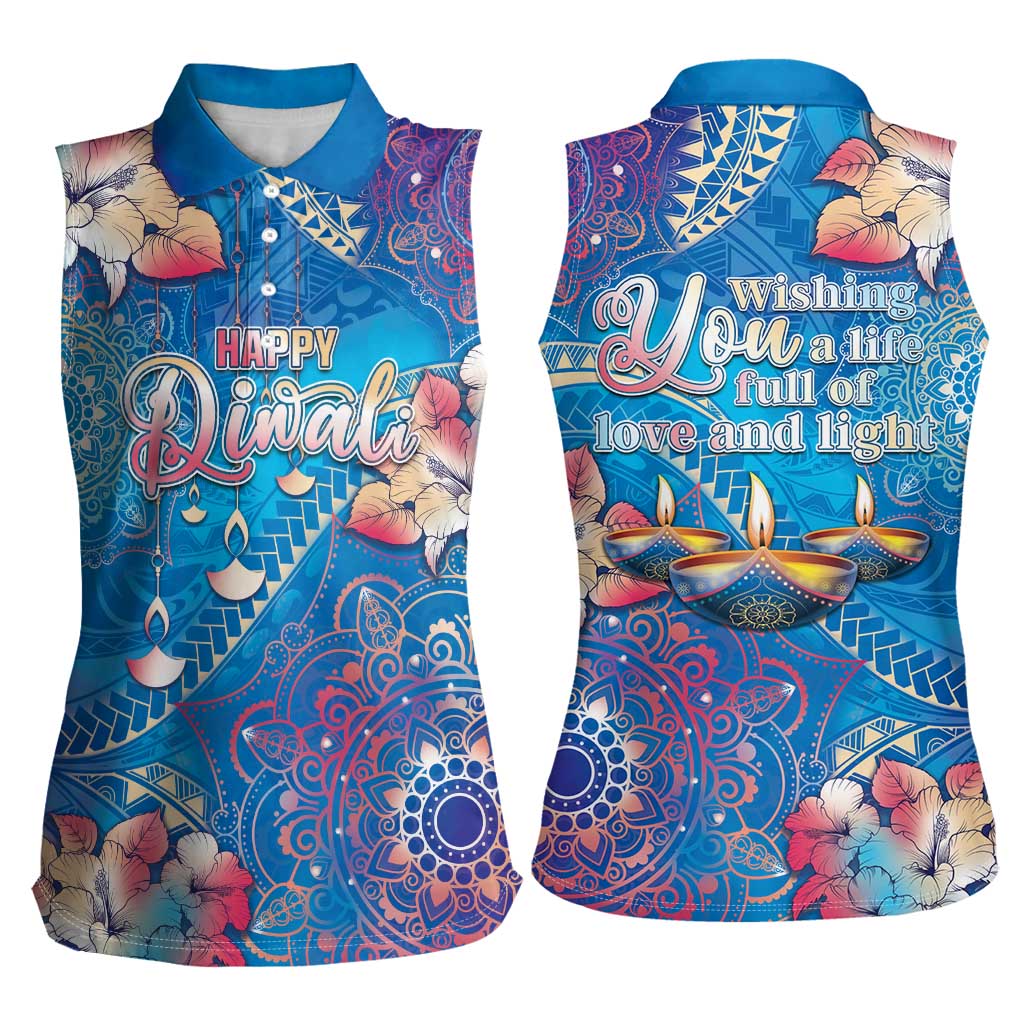 Happy Diwali Festival Women Sleeveless Polo Shirt Diya Lamp Rangoli With Polynesian Pattern