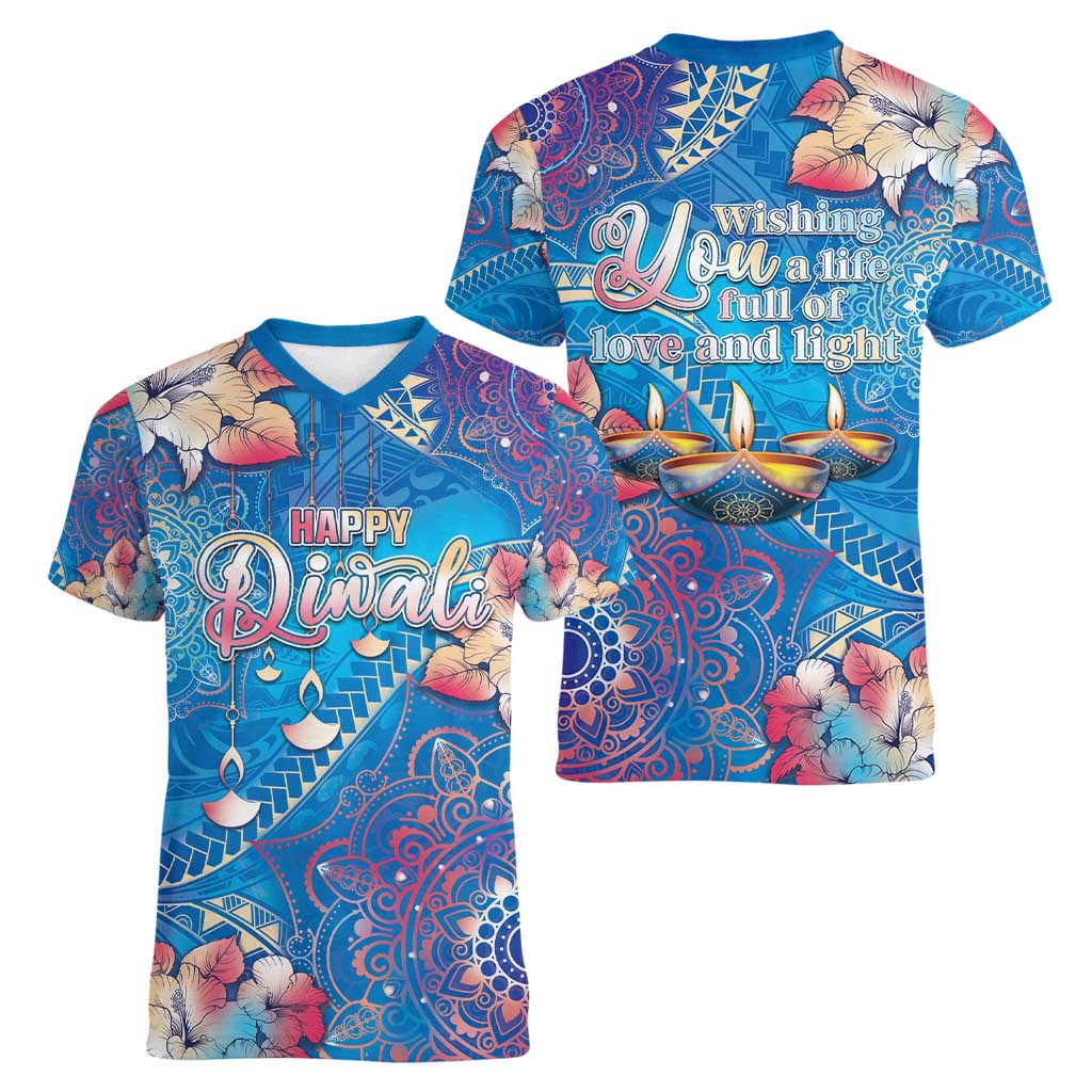 Happy Diwali Festival Women V-Neck T-Shirt Diya Lamp Rangoli With Polynesian Pattern