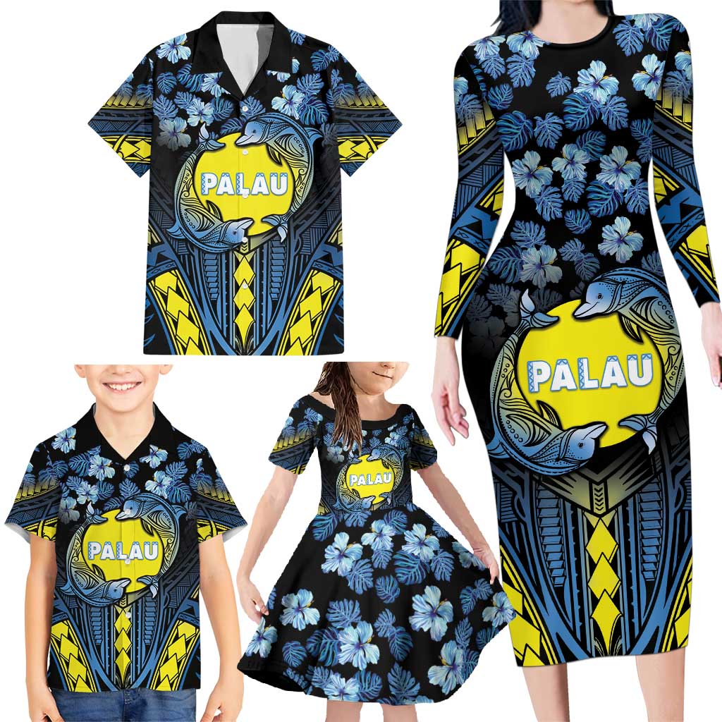 Personalised Palau Family Matching Long Sleeve Bodycon Dress and Hawaiian Shirt Polynesian Dolphin Tropical Hibiscus Style LT05 - Polynesian Pride
