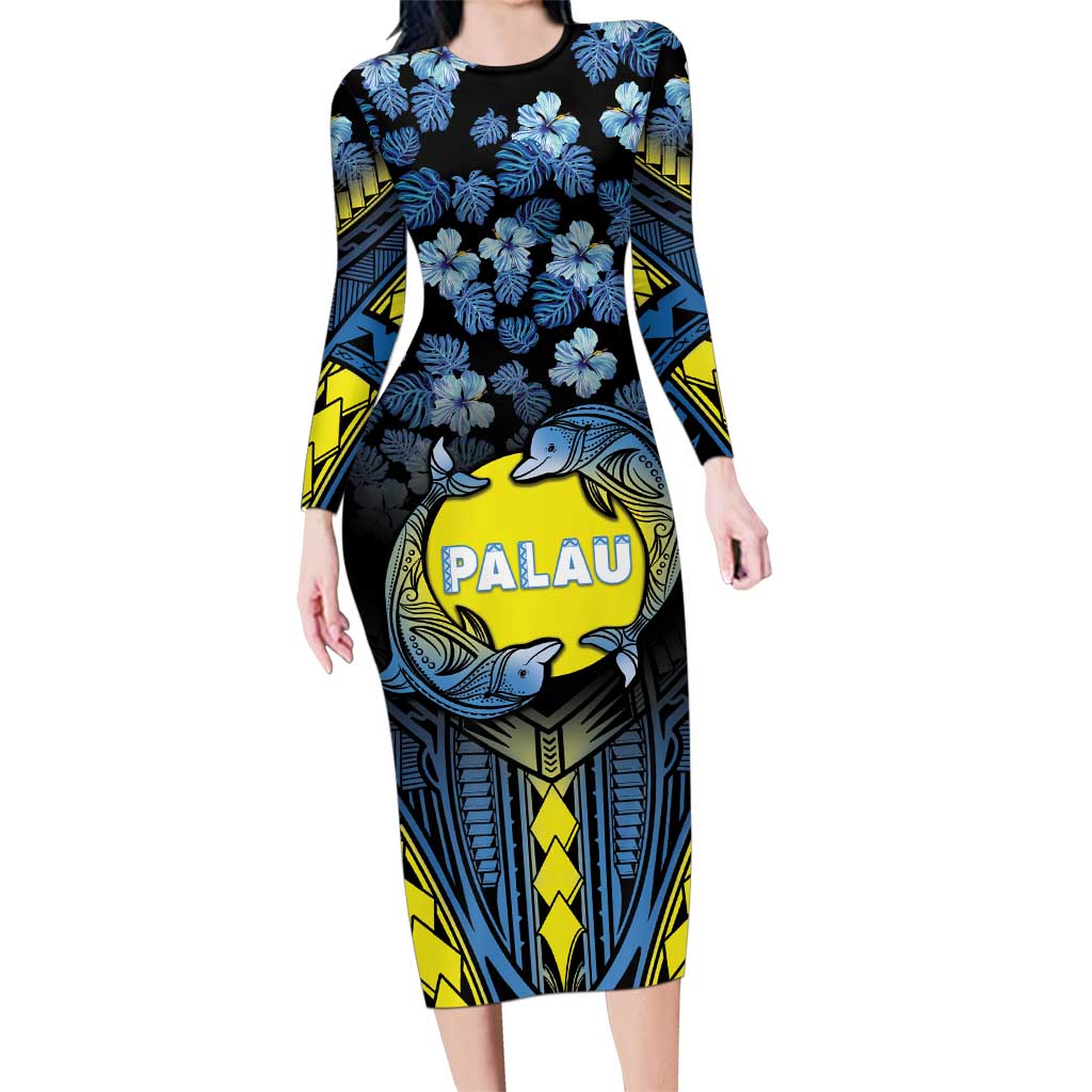 Personalised Palau Family Matching Long Sleeve Bodycon Dress and Hawaiian Shirt Polynesian Dolphin Tropical Hibiscus Style LT05 Mom's Dress Black - Polynesian Pride
