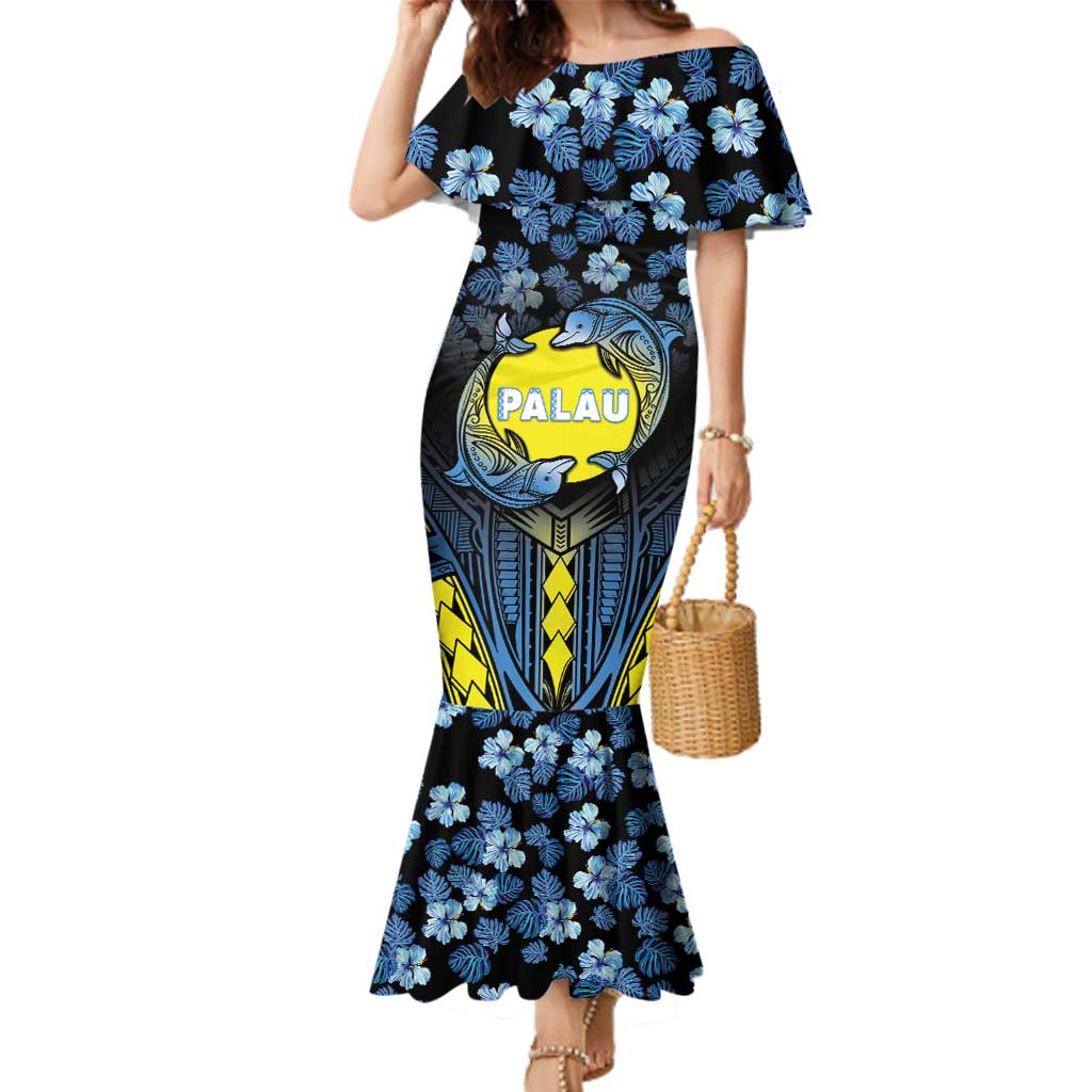Personalised Palau Family Matching Mermaid Dress and Hawaiian Shirt Polynesian Dolphin Tropical Hibiscus Style LT05 Mom's Dress Black - Polynesian Pride