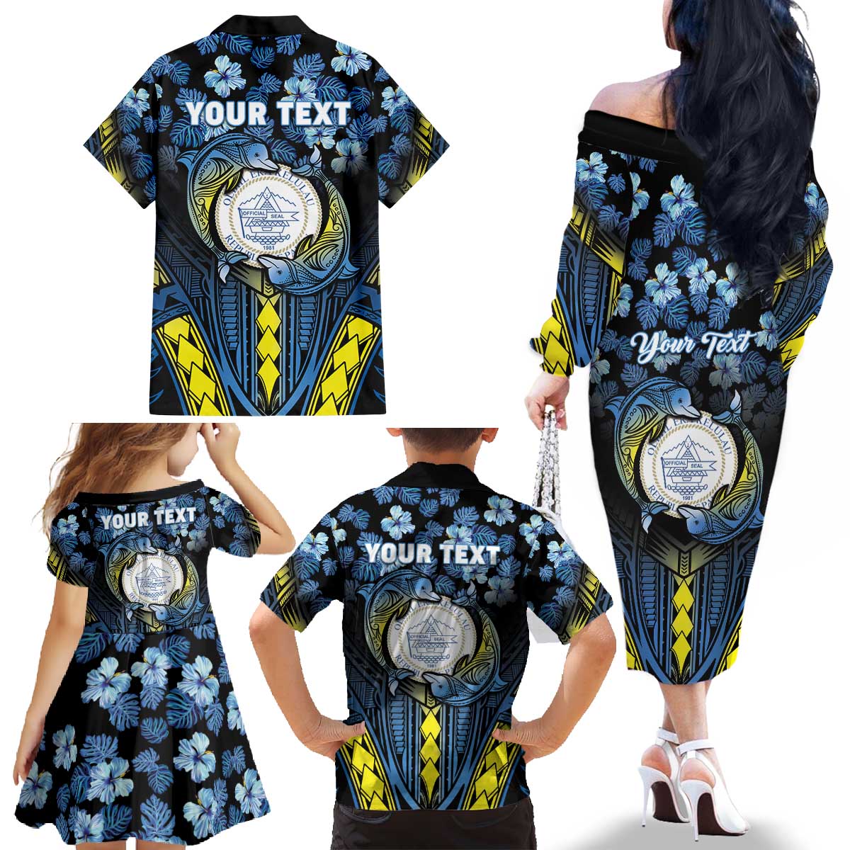 Personalised Palau Family Matching Off The Shoulder Long Sleeve Dress and Hawaiian Shirt Polynesian Dolphin Tropical Hibiscus Style LT05 - Polynesian Pride