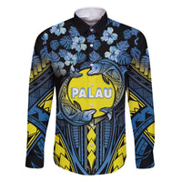Personalised Palau Family Matching Off The Shoulder Long Sleeve Dress and Hawaiian Shirt Polynesian Dolphin Tropical Hibiscus Style LT05 Dad's Shirt - Long Sleeve Black - Polynesian Pride