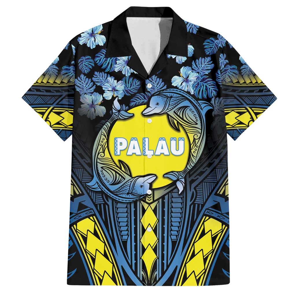 Personalised Palau Family Matching Off Shoulder Maxi Dress and Hawaiian Shirt Polynesian Dolphin Tropical Hibiscus Style LT05 Dad's Shirt - Short Sleeve Black - Polynesian Pride
