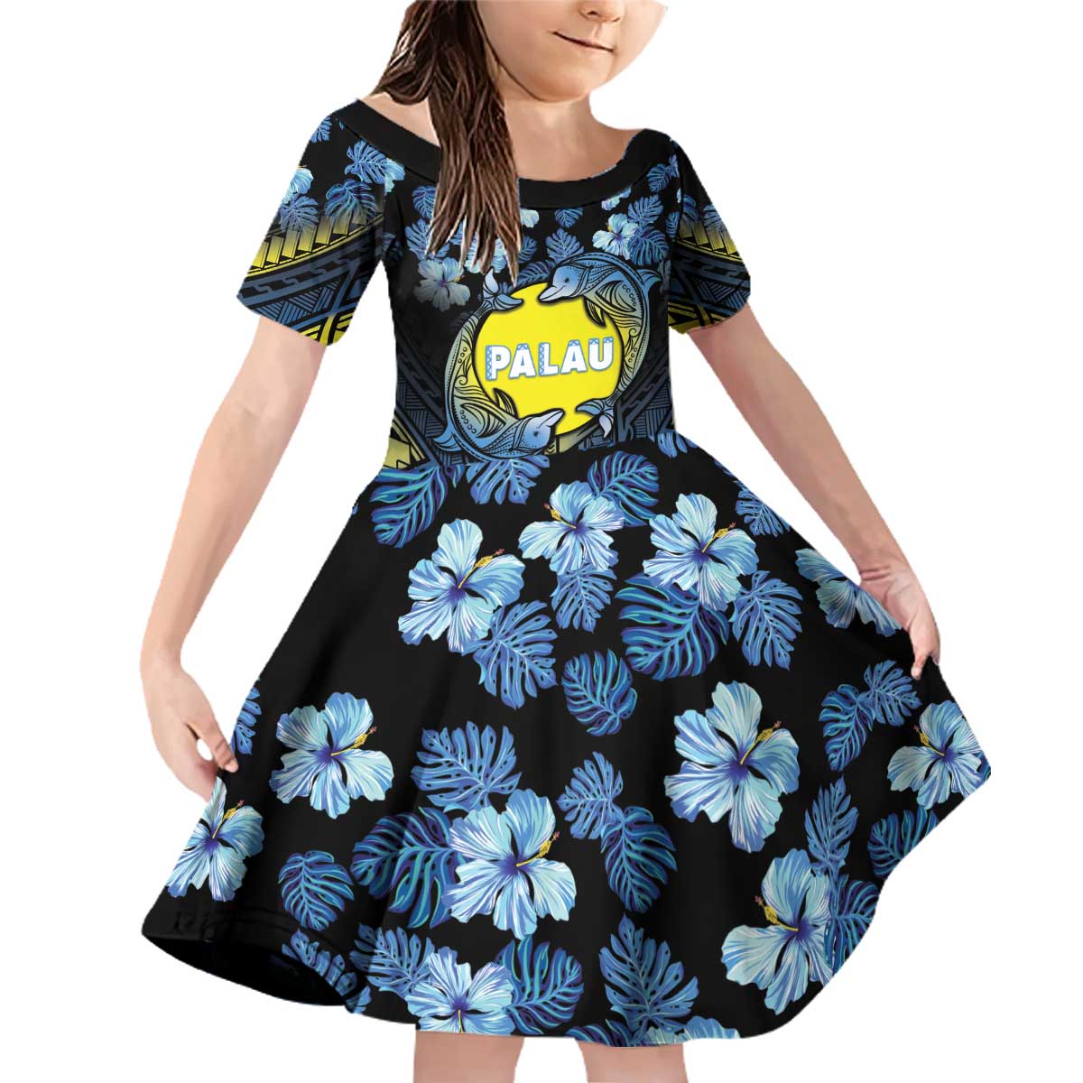 Personalised Palau Family Matching Off Shoulder Short Dress and Hawaiian Shirt Polynesian Dolphin Tropical Hibiscus Style LT05 Daughter's Dress Black - Polynesian Pride