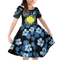 Personalised Palau Family Matching Off Shoulder Short Dress and Hawaiian Shirt Polynesian Dolphin Tropical Hibiscus Style LT05 Daughter's Dress Black - Polynesian Pride