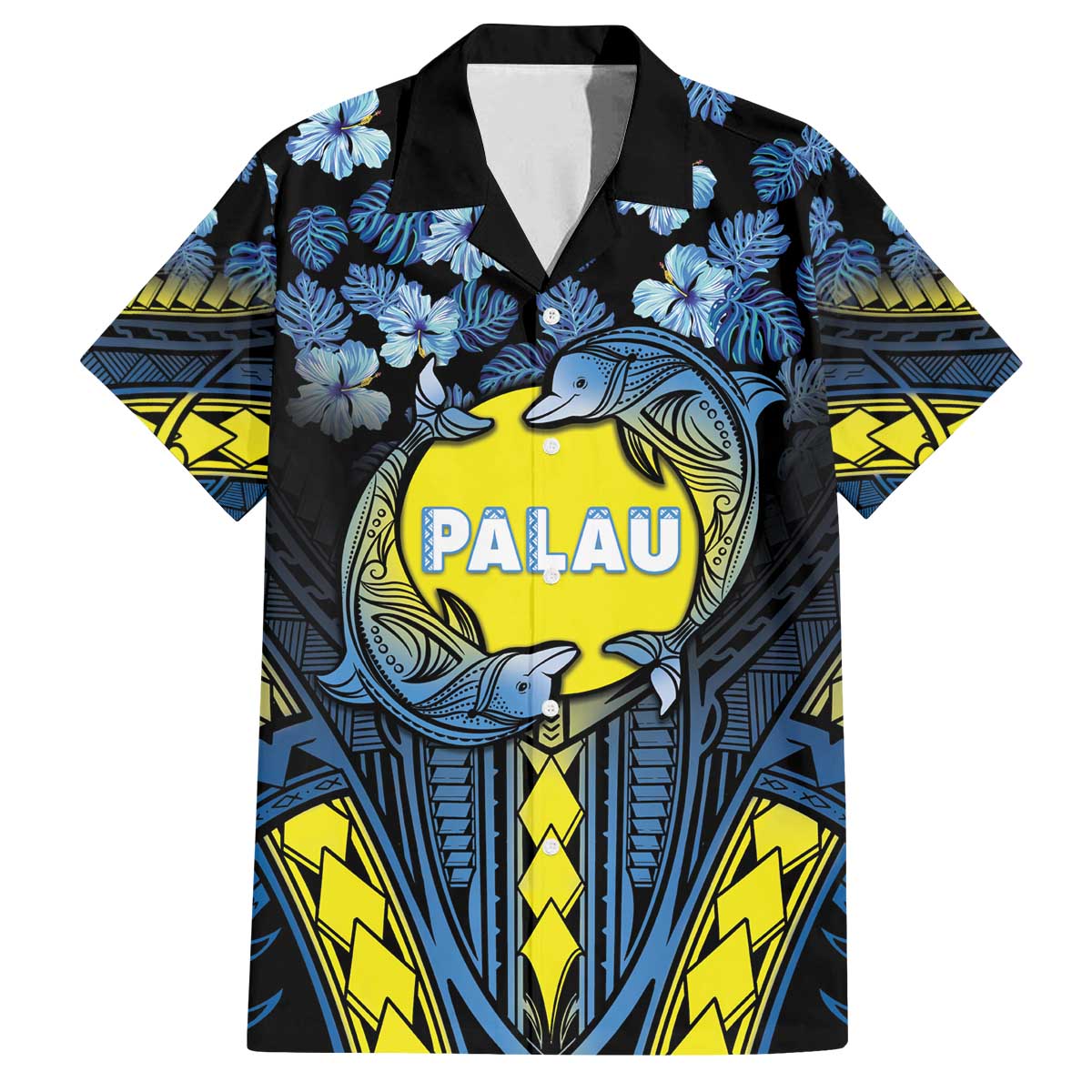 Personalised Palau Family Matching Off Shoulder Short Dress and Hawaiian Shirt Polynesian Dolphin Tropical Hibiscus Style LT05 Dad's Shirt - Short Sleeve Black - Polynesian Pride