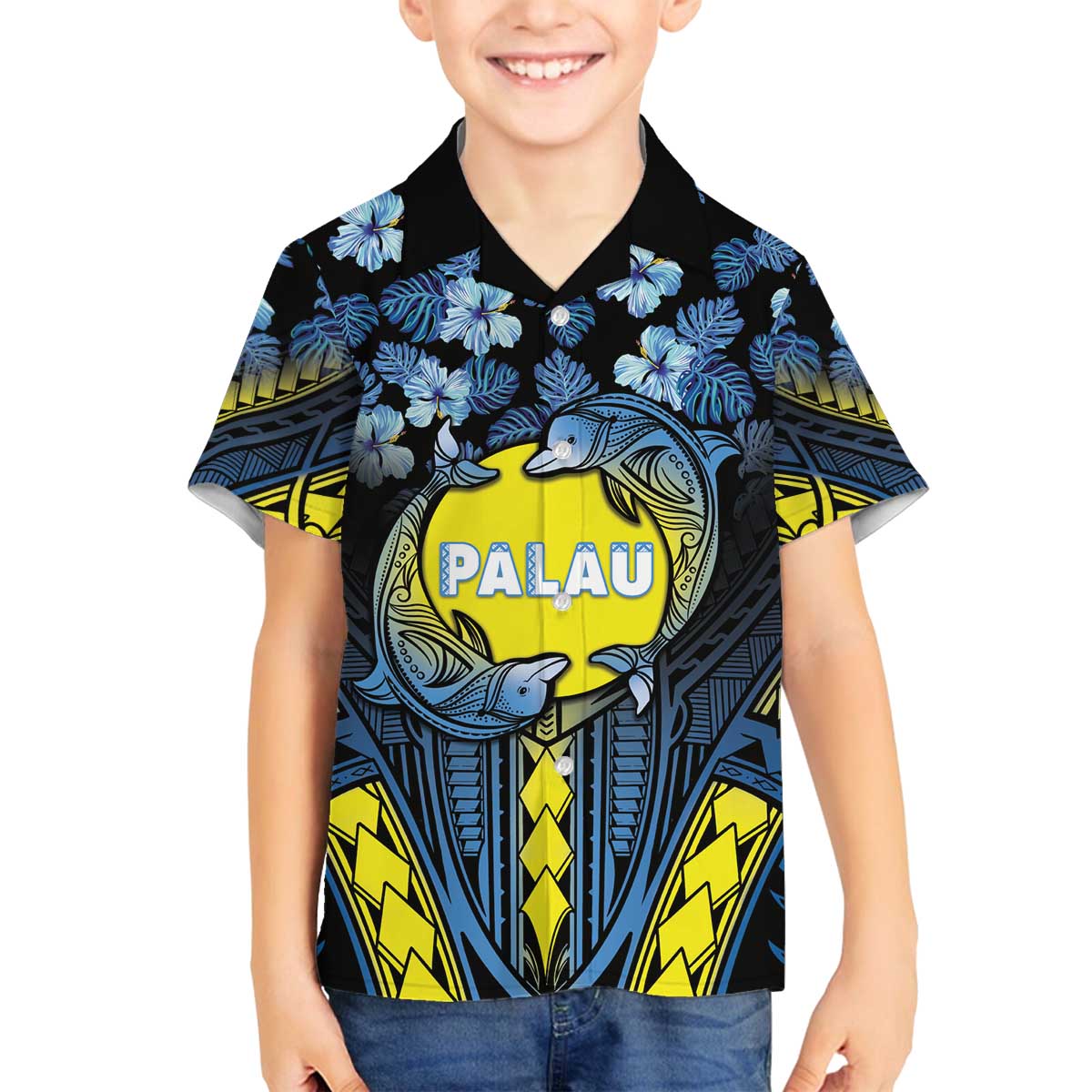 Personalised Palau Family Matching Off Shoulder Short Dress and Hawaiian Shirt Polynesian Dolphin Tropical Hibiscus Style LT05 Son's Shirt Black - Polynesian Pride