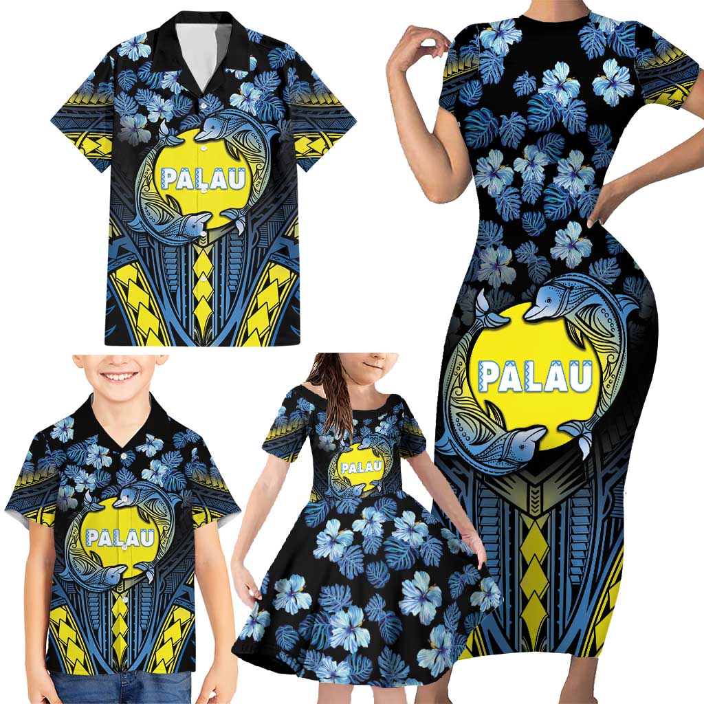 Personalised Palau Family Matching Short Sleeve Bodycon Dress and Hawaiian Shirt Polynesian Dolphin Tropical Hibiscus Style LT05 - Polynesian Pride