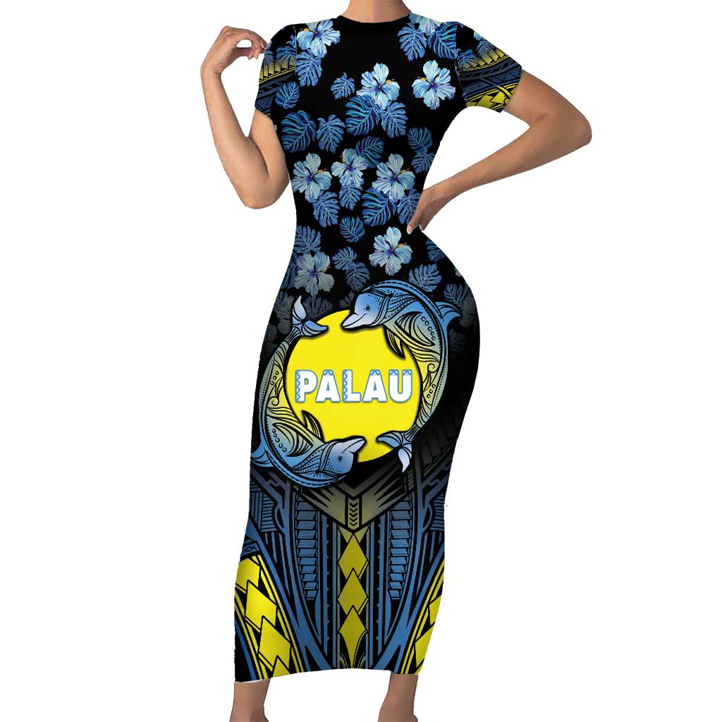 Personalised Palau Family Matching Short Sleeve Bodycon Dress and Hawaiian Shirt Polynesian Dolphin Tropical Hibiscus Style LT05 Mom's Dress Black - Polynesian Pride