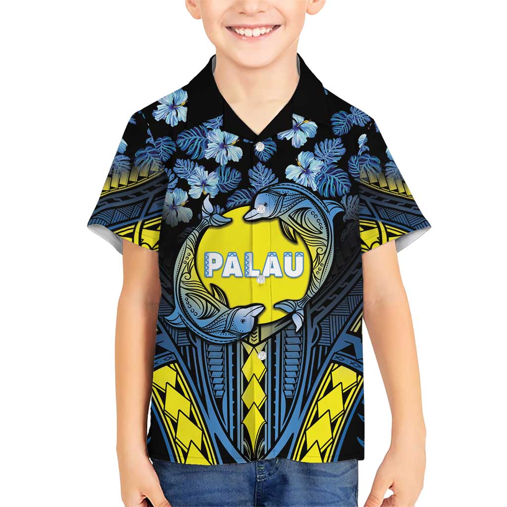 Personalised Palau Family Matching Short Sleeve Bodycon Dress and Hawaiian Shirt Polynesian Dolphin Tropical Hibiscus Style LT05 Son's Shirt Black - Polynesian Pride