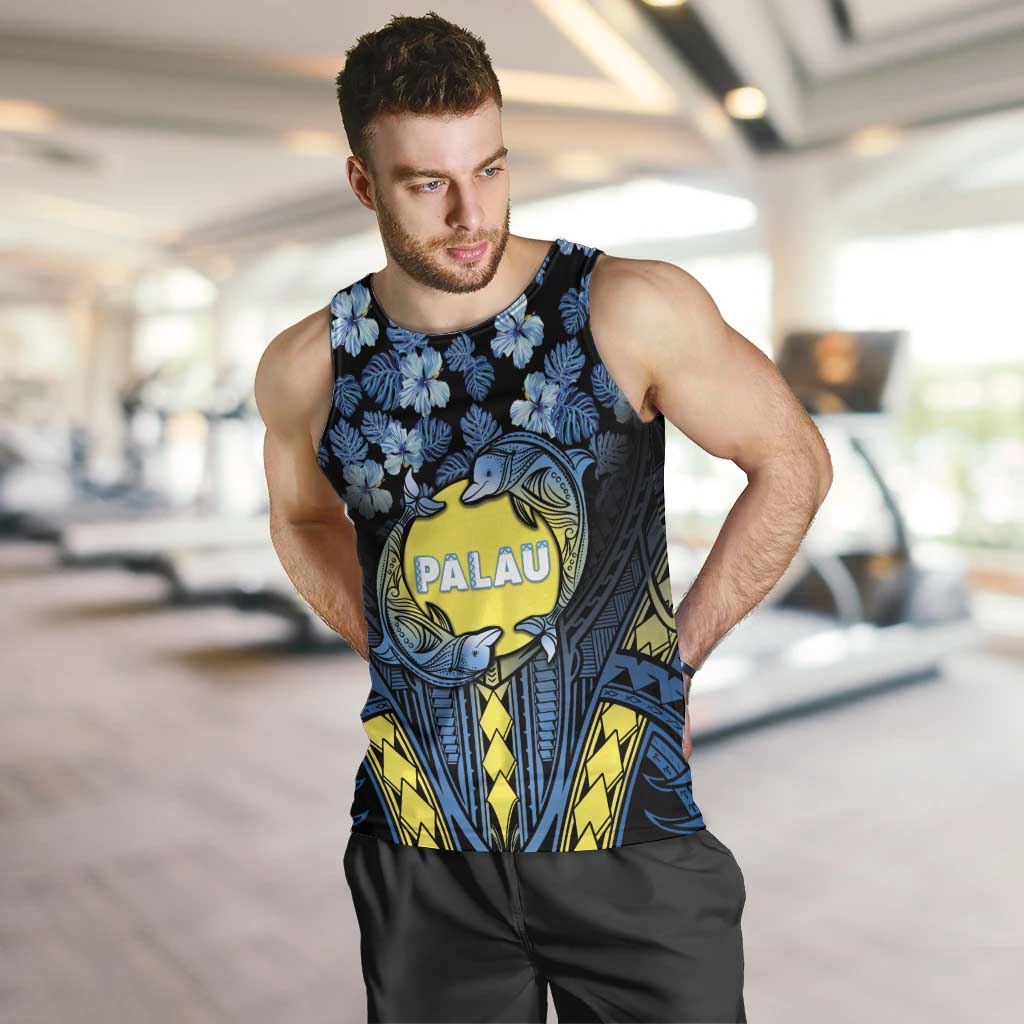 Personalised Palau Men Tank Top Polynesian Dolphin Tropical Hibiscus Style LT05 Black - Polynesian Pride