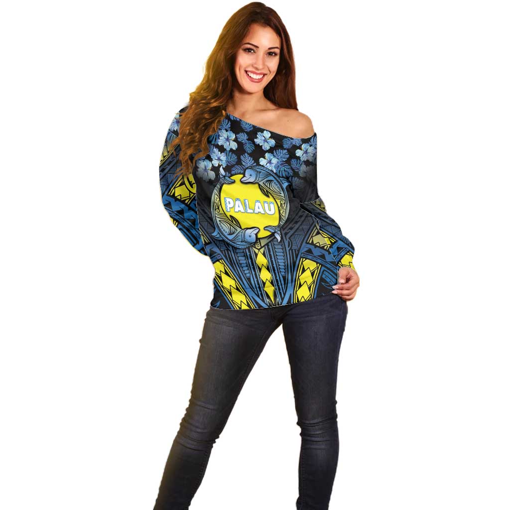 Personalised Palau Off Shoulder Sweater Polynesian Dolphin Tropical Hibiscus Style