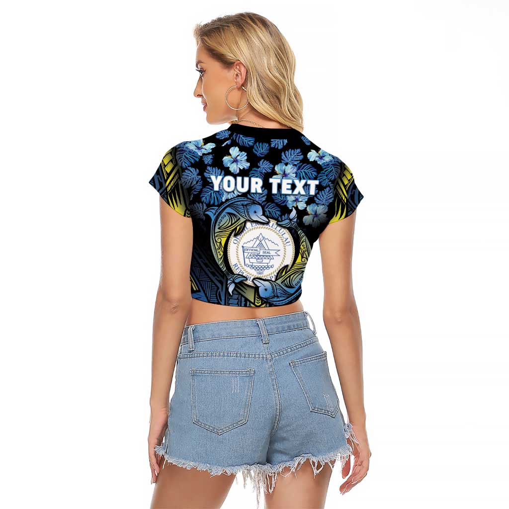 Personalised Palau Raglan Cropped T Shirt Polynesian Dolphin Tropical Hibiscus Style