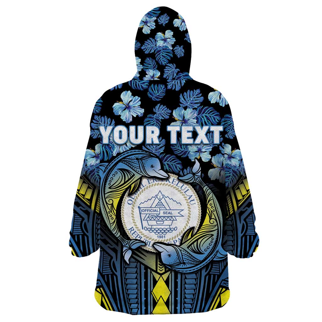 Personalised Palau Wearable Blanket Hoodie Polynesian Dolphin Tropical Hibiscus Style