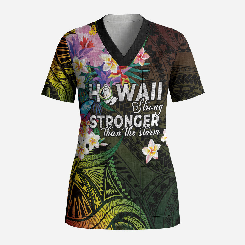 Hawaii Strong Scrub Top Polynesian Tribal Tropical Flowers LT05 Adult Black - Polynesian Pride