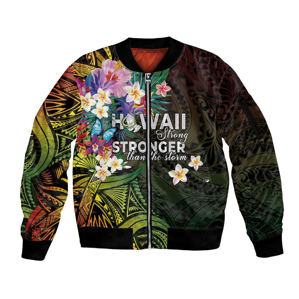 Hawaii Strong Sleeve Zip Bomber Jacket Polynesian Tribal Tropical Flowers LT05 Unisex Black - Polynesian Pride