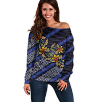 Indonesian Batik Motifs Pattern Floral Art Dark Blue Off Shoulder Sweater