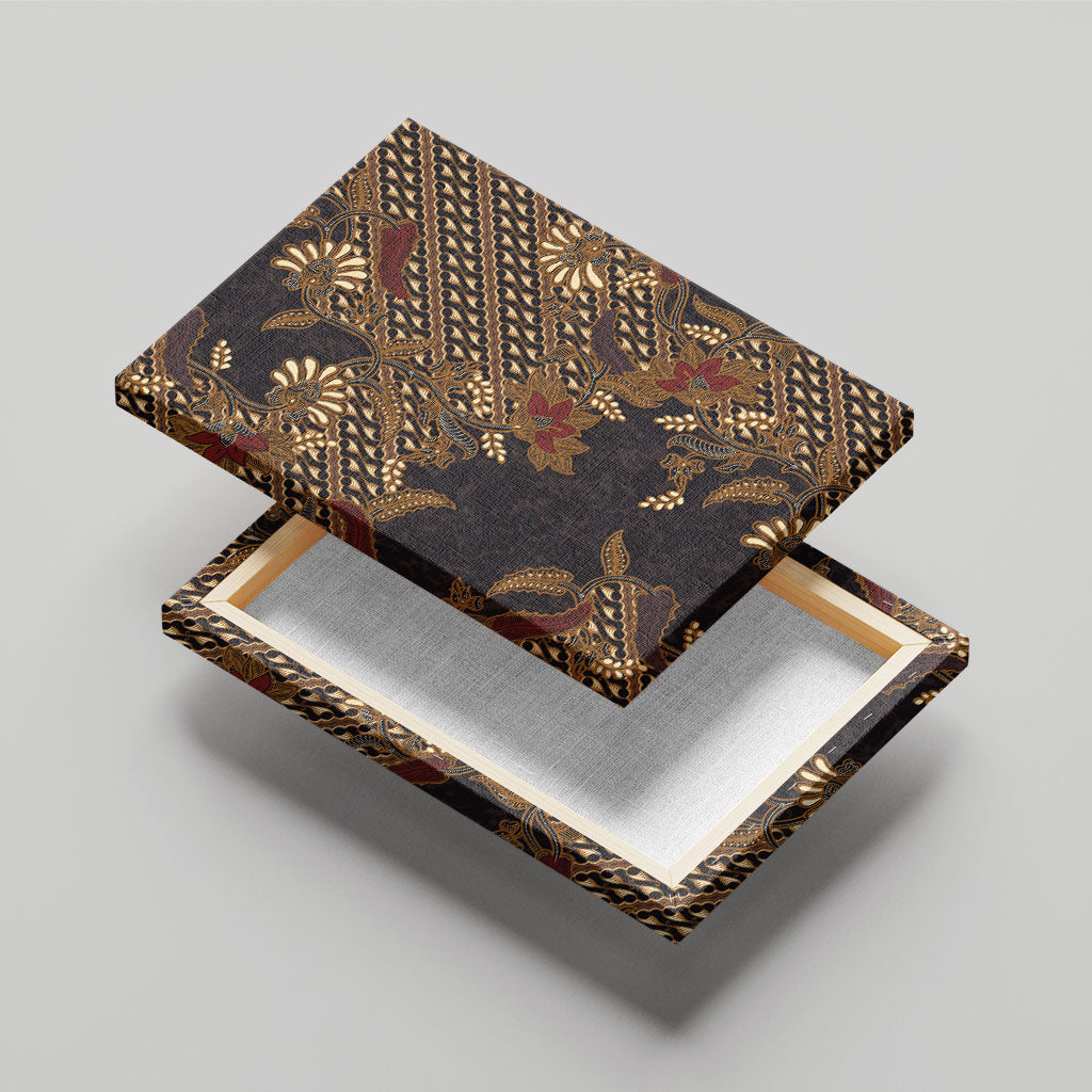 Indonesian Parang Batik Canvas Wall Art Brown Gold Floral Pattern