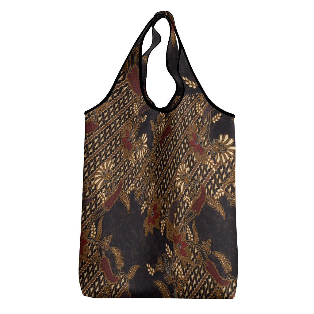Indonesian Parang Batik Grocery Bag Brown Gold Floral Pattern