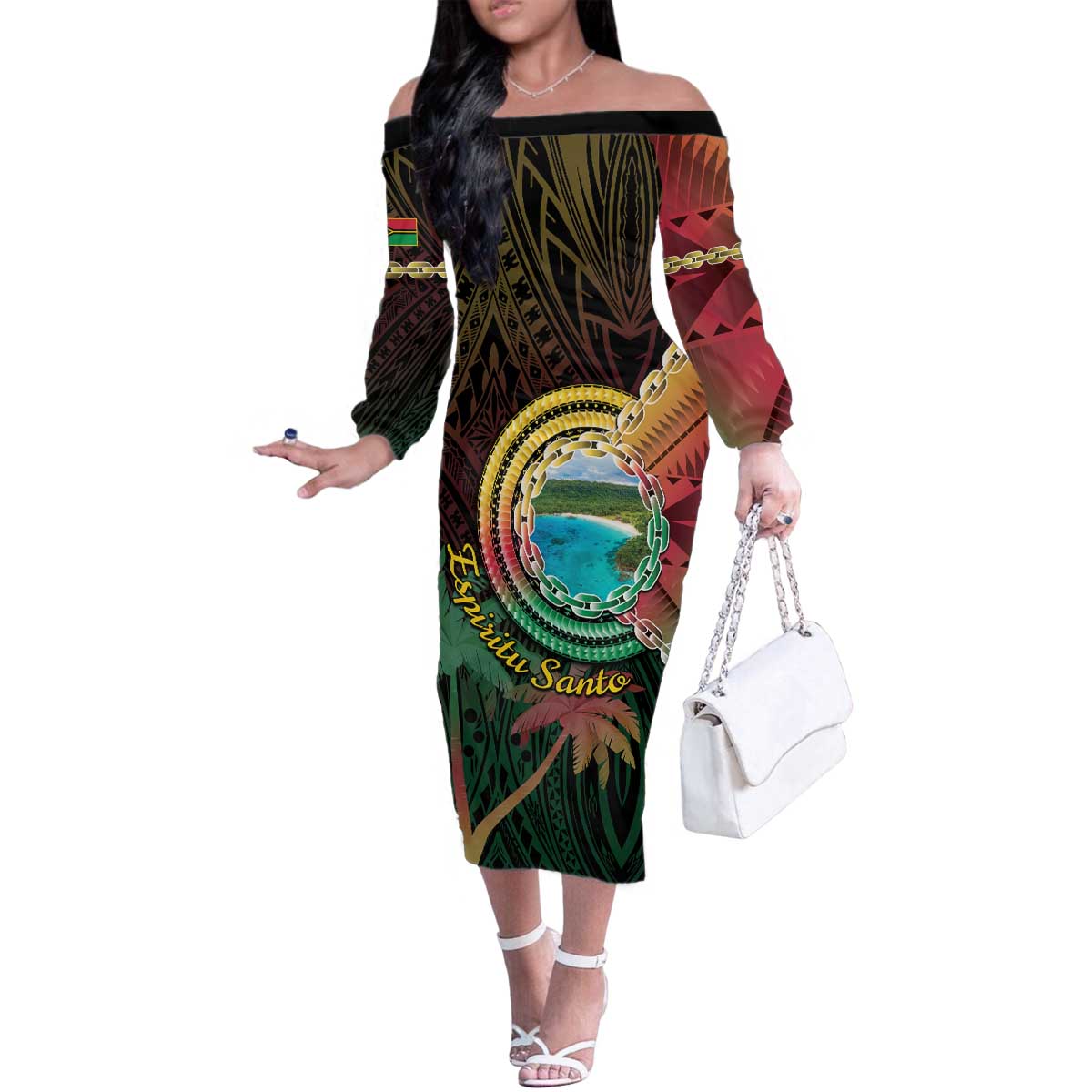 Vanuatu Espiritu Santo Island Family Matching Off The Shoulder Long Sleeve Dress and Hawaiian Shirt Beach Landscape LT05 Mom's Dress Black - Polynesian Pride