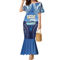 Personalised French Polynesia Bora Bora Family Matching Mermaid Dress and Hawaiian Shirt Beach Landscape Polynesian Style LT05 Mom's Dress Blue - Polynesian Pride
