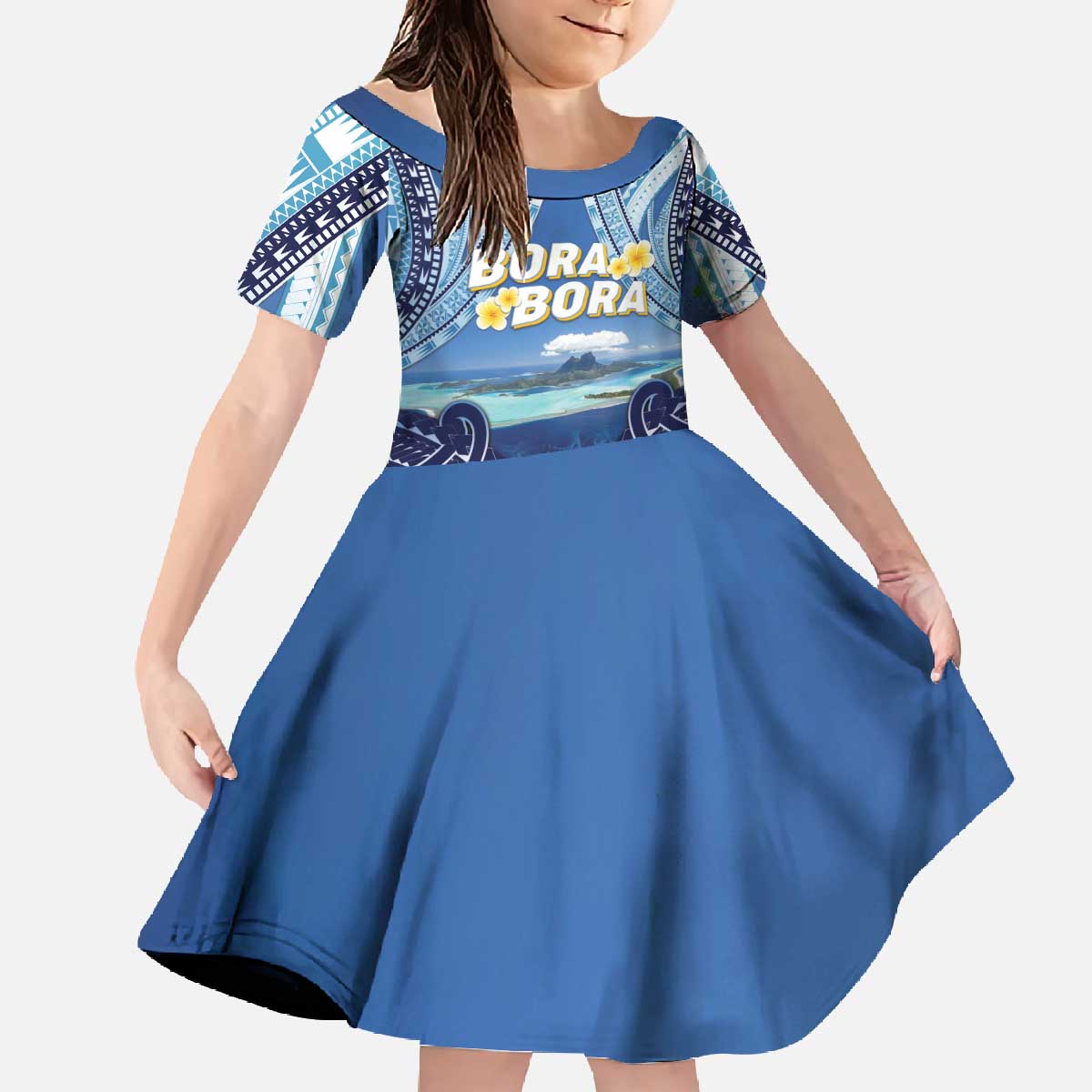 Personalised French Polynesia Bora Bora Family Matching Off The Shoulder Long Sleeve Dress and Hawaiian Shirt Beach Landscape Polynesian Style LT05 Daughter's Dress Blue - Polynesian Pride