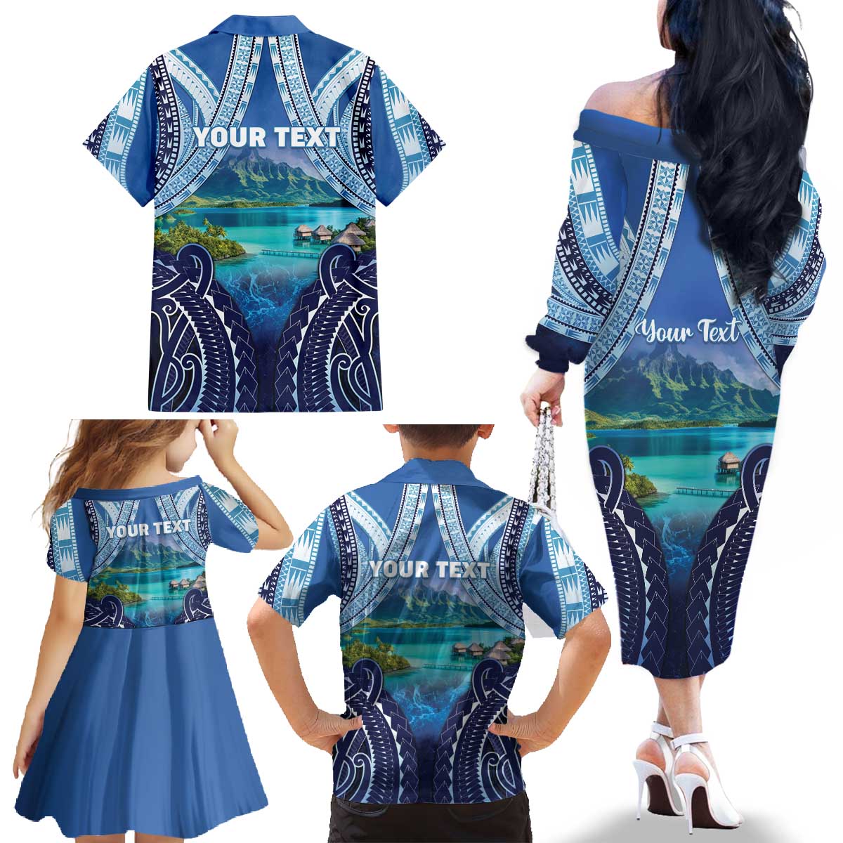 Personalised French Polynesia Bora Bora Family Matching Off The Shoulder Long Sleeve Dress and Hawaiian Shirt Beach Landscape Polynesian Style LT05 - Polynesian Pride