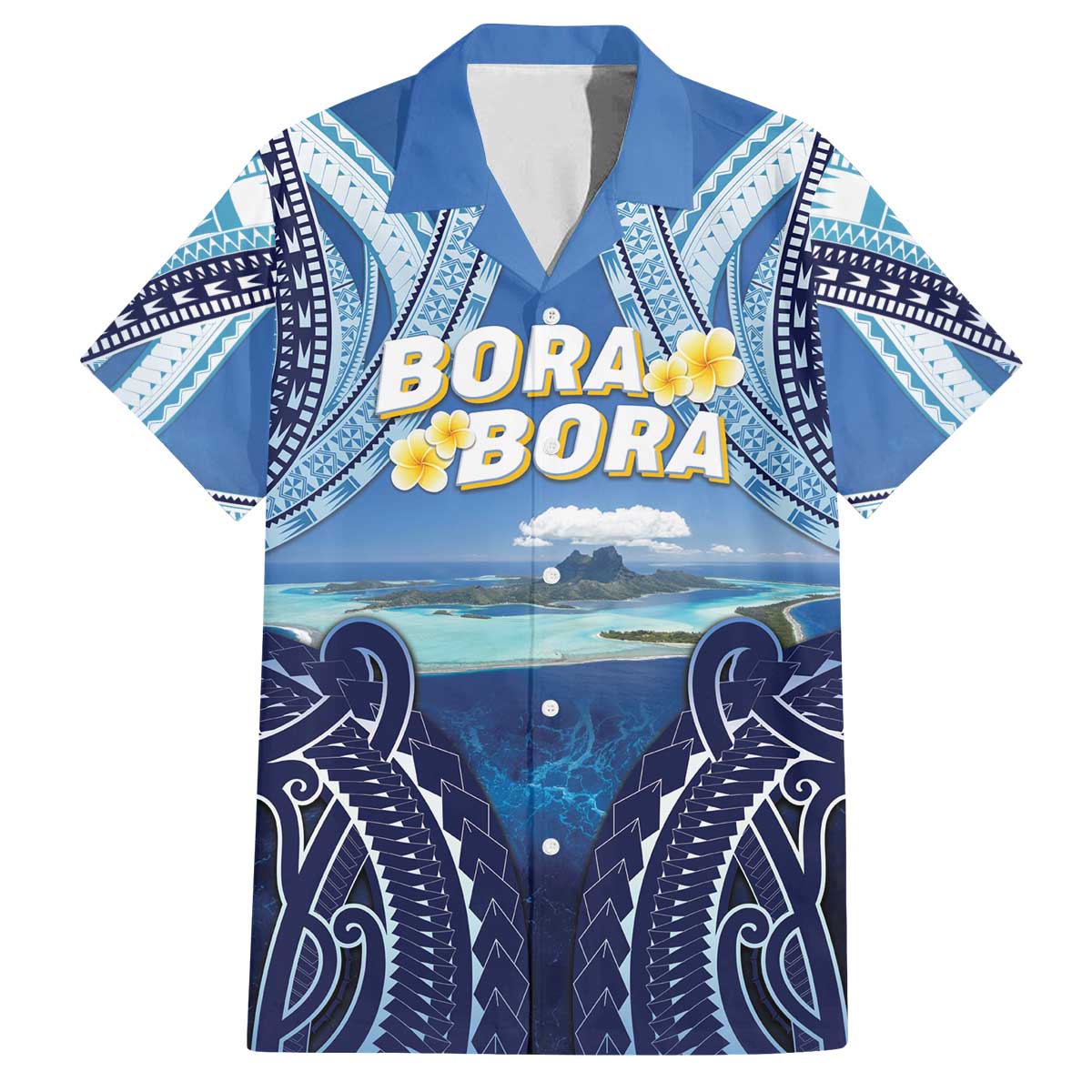 Personalised French Polynesia Bora Bora Family Matching Off The Shoulder Long Sleeve Dress and Hawaiian Shirt Beach Landscape Polynesian Style LT05 Dad's Shirt - Short Sleeve Blue - Polynesian Pride