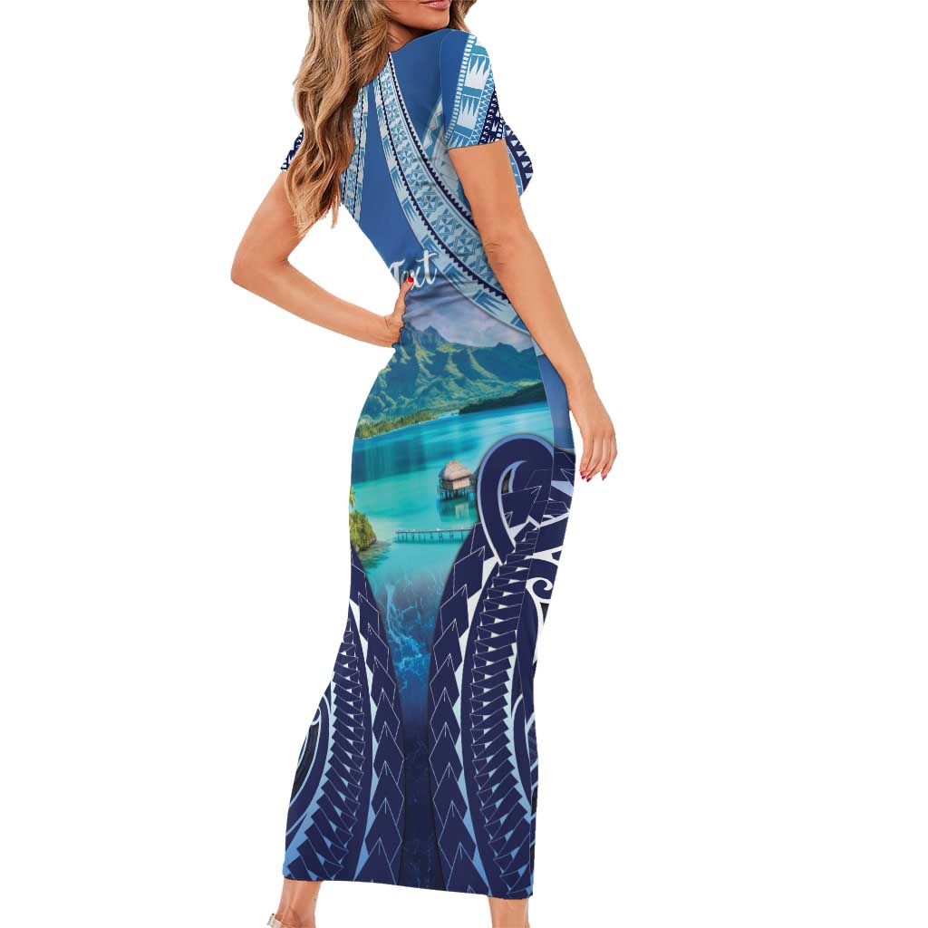 Personalised French Polynesia Bora Bora Family Matching Short Sleeve Bodycon Dress and Hawaiian Shirt Beach Landscape Polynesian Style LT05 - Polynesian Pride