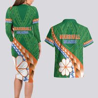 Personalised Marshall Islands Kwajalein Atoll Couples Matching Long Sleeve Bodycon Dress and Hawaiian Shirt Polynesian Tribal Tattoo LT05 - Polynesian Pride