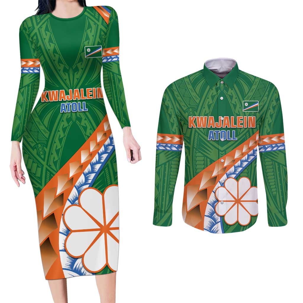 Personalised Marshall Islands Kwajalein Atoll Couples Matching Long Sleeve Bodycon Dress and Long Sleeve Button Shirt Polynesian Tribal Tattoo LT05 Green - Polynesian Pride