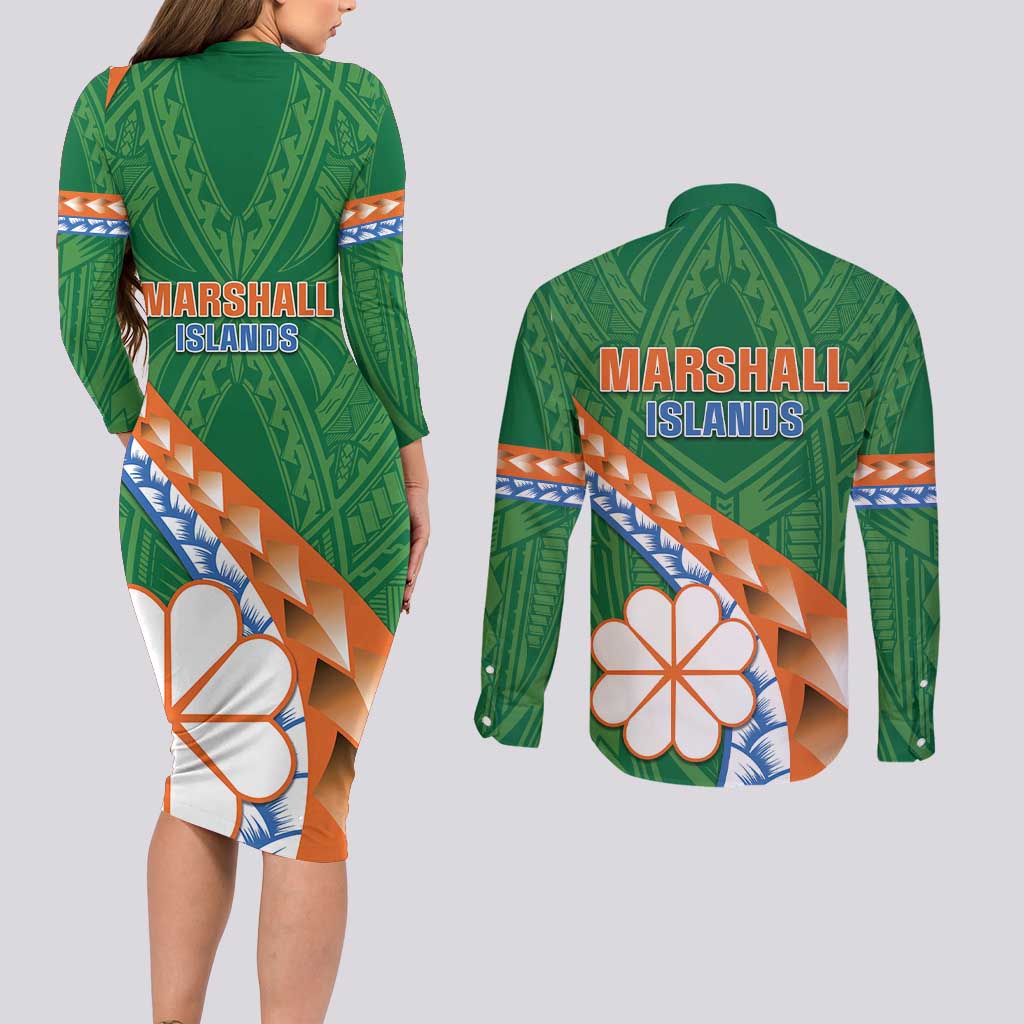 Personalised Marshall Islands Kwajalein Atoll Couples Matching Long Sleeve Bodycon Dress and Long Sleeve Button Shirt Polynesian Tribal Tattoo LT05 - Polynesian Pride