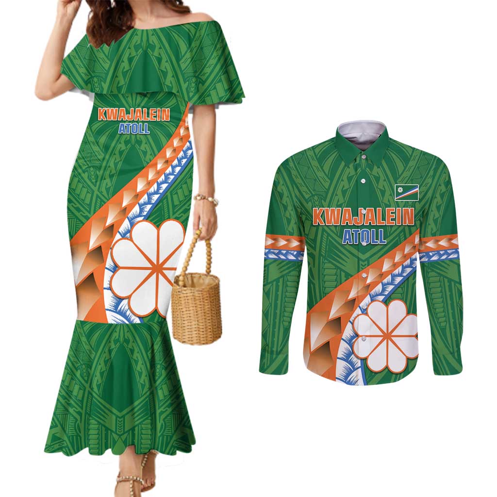 Personalised Marshall Islands Kwajalein Atoll Couples Matching Mermaid Dress and Long Sleeve Button Shirt Polynesian Tribal Tattoo LT05 Green - Polynesian Pride