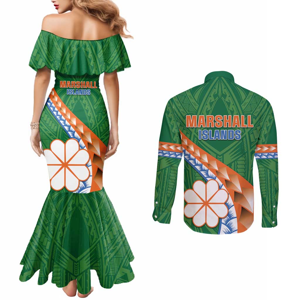 Personalised Marshall Islands Kwajalein Atoll Couples Matching Mermaid Dress and Long Sleeve Button Shirt Polynesian Tribal Tattoo LT05 - Polynesian Pride