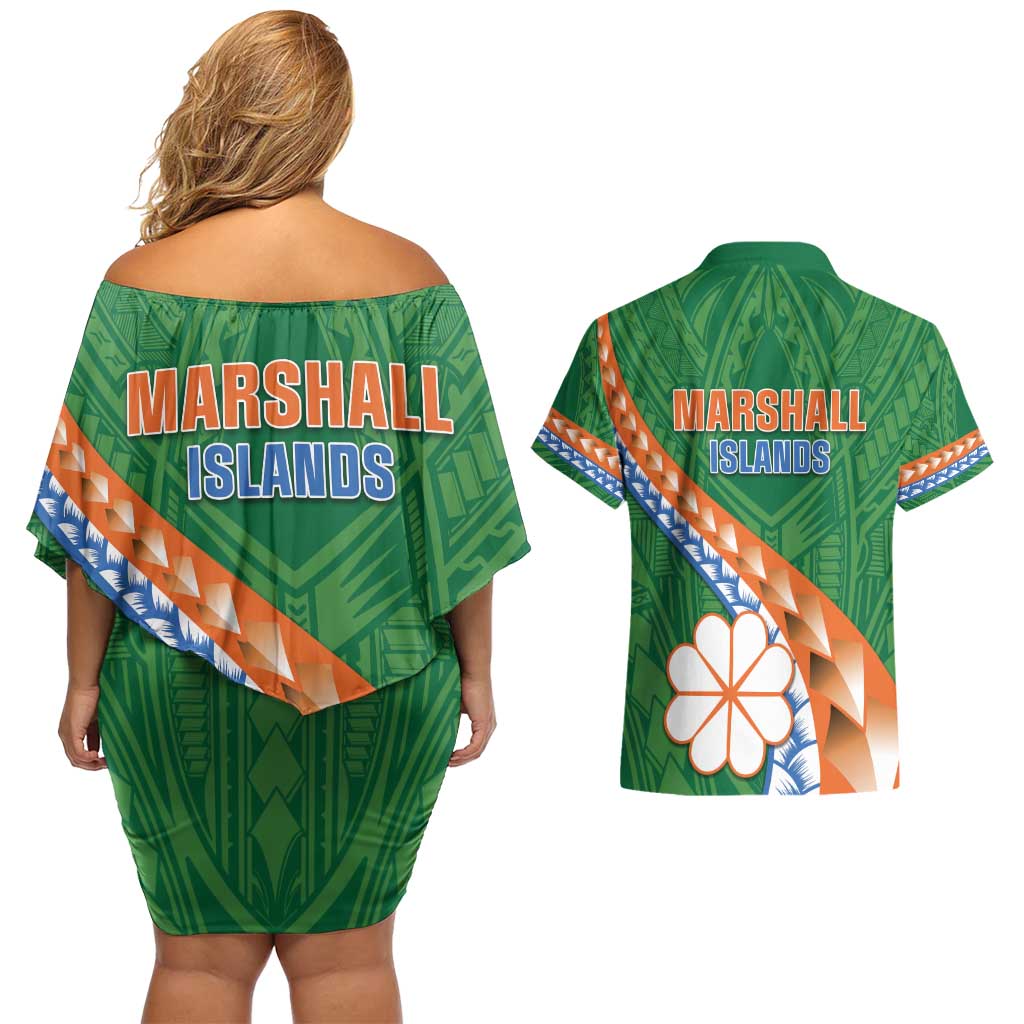 Personalised Marshall Islands Kwajalein Atoll Couples Matching Off Shoulder Short Dress and Hawaiian Shirt Polynesian Tribal Tattoo LT05 - Polynesian Pride