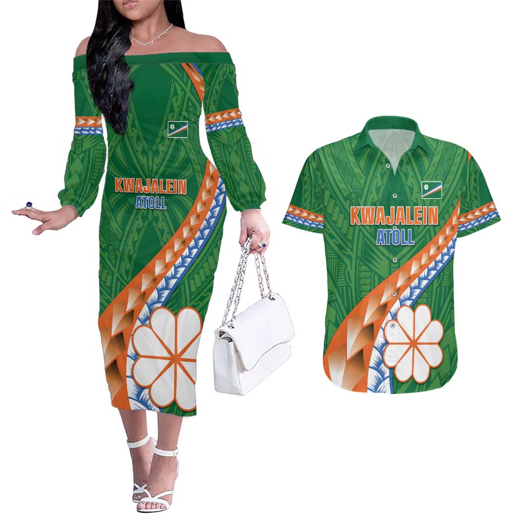Personalised Marshall Islands Kwajalein Atoll Couples Matching Off The Shoulder Long Sleeve Dress and Hawaiian Shirt Polynesian Tribal Tattoo LT05 Green - Polynesian Pride