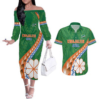Personalised Marshall Islands Kwajalein Atoll Couples Matching Off The Shoulder Long Sleeve Dress and Hawaiian Shirt Polynesian Tribal Tattoo LT05 Green - Polynesian Pride