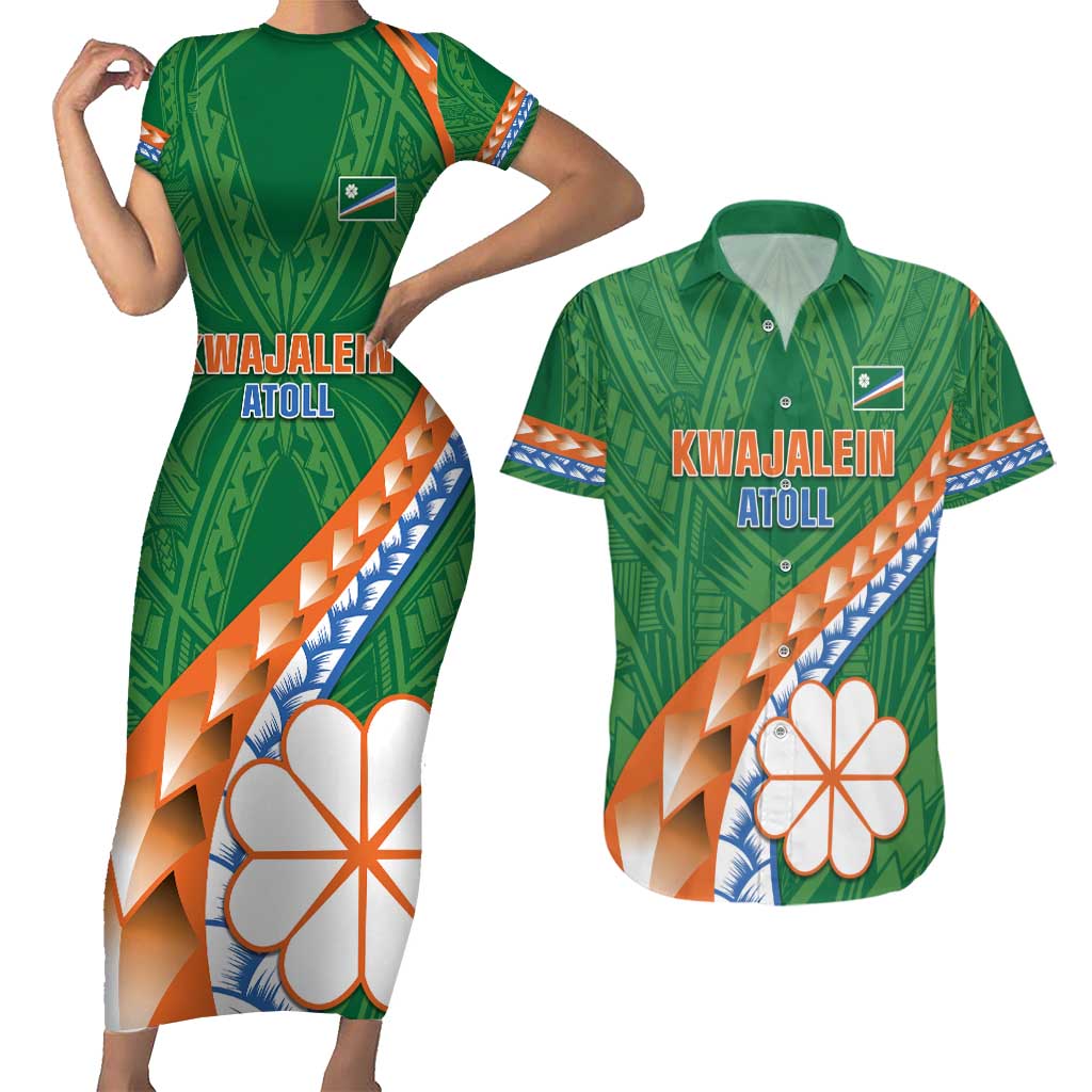 Personalised Marshall Islands Kwajalein Atoll Couples Matching Short Sleeve Bodycon Dress and Hawaiian Shirt Polynesian Tribal Tattoo LT05 Green - Polynesian Pride