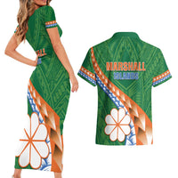 Personalised Marshall Islands Kwajalein Atoll Couples Matching Short Sleeve Bodycon Dress and Hawaiian Shirt Polynesian Tribal Tattoo LT05 - Polynesian Pride