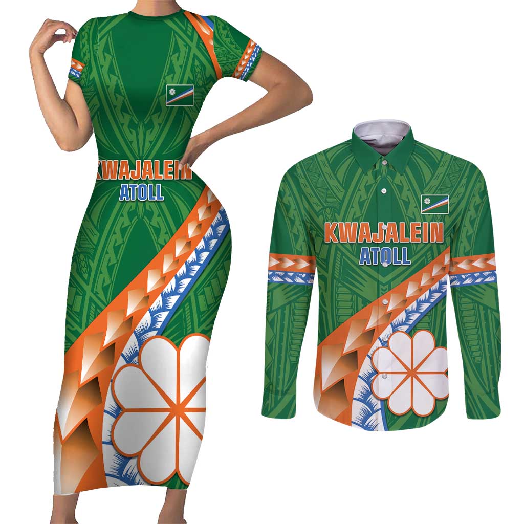 Personalised Marshall Islands Kwajalein Atoll Couples Matching Short Sleeve Bodycon Dress and Long Sleeve Button Shirt Polynesian Tribal Tattoo LT05 Green - Polynesian Pride