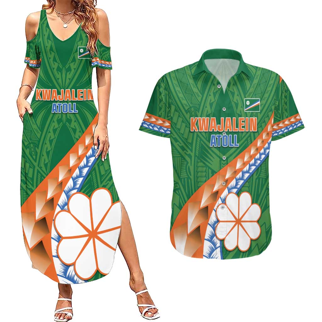 Personalised Marshall Islands Kwajalein Atoll Couples Matching Summer Maxi Dress and Hawaiian Shirt Polynesian Tribal Tattoo LT05 Green - Polynesian Pride