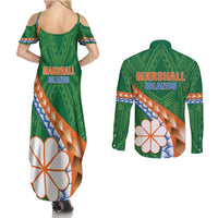 Personalised Marshall Islands Kwajalein Atoll Couples Matching Summer Maxi Dress and Long Sleeve Button Shirt Polynesian Tribal Tattoo